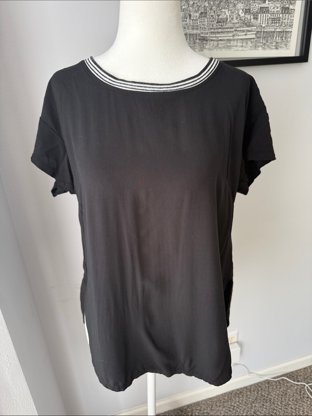 Lole Black Short Sleeve Crewneck Top with White-Striped Neckline
